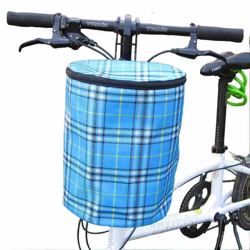 Panier de Guidon de Vélo en Toile Sac de Vélo Avant Pliable avec Couvercle à Fermeture Éclair Pochette de Rangement à Carreaux Accessoires d'Équipement de Cyclisme