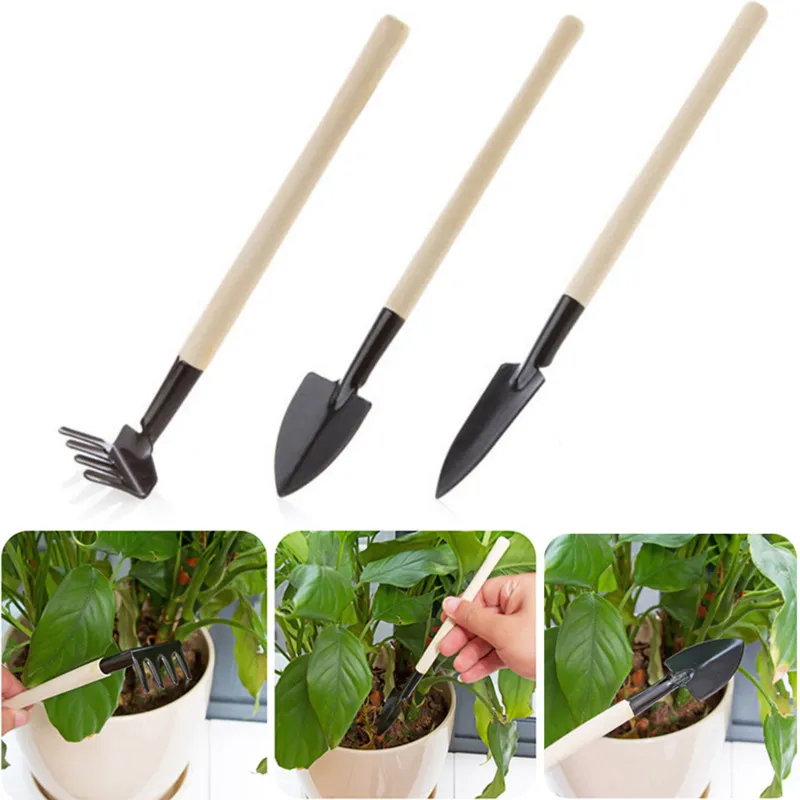 Mini Garden Tool Set 3 Piece Hand Trowel Rake Spade Wooden Handle Metal Head Plant Gardening Tool For Potted Plants