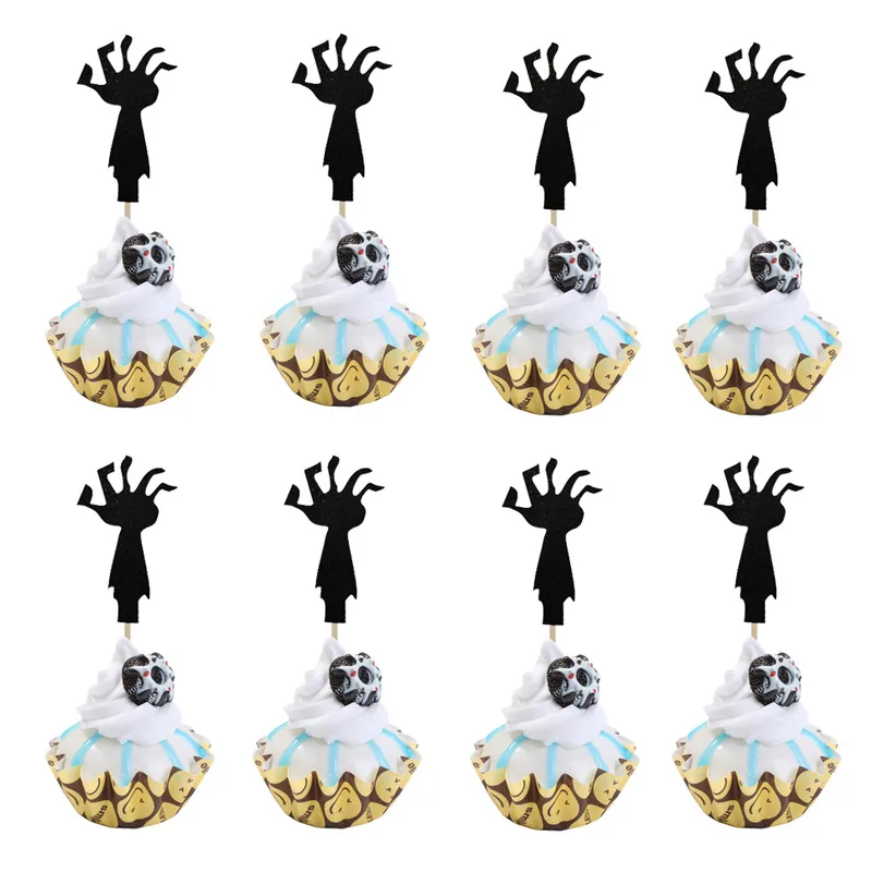 Halloween Black Glitter Zombie Hand Insert Cards DIY Dessert Table Cupcake Toppers Party Decorative Props