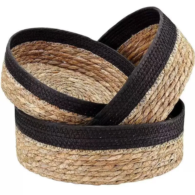 Natural Straw Woven Storage Basket Desktop Cosmetic Organizer Round Rattan Storage Box Snack Sundries Woven Baskets
