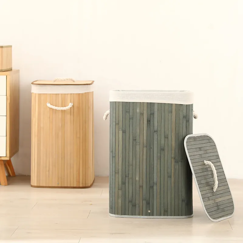 Bamboo Foldable Laundry Basket With Lid Fabric Lined Storage Hamper Clothes Toy Organizer Bin For Home Bedroom