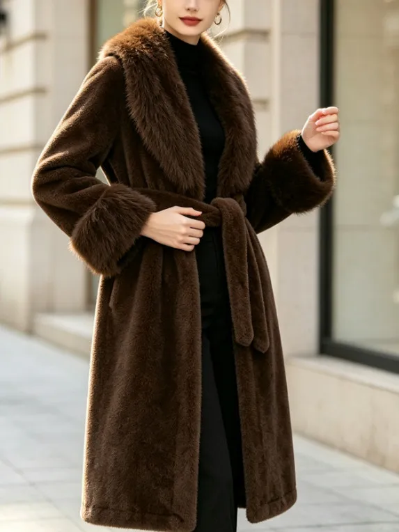 Women Winter Faux Fur Long Coat Thickened Warm Lapel Belted Outerwear Faux Fox Fur Collar Trench Coat