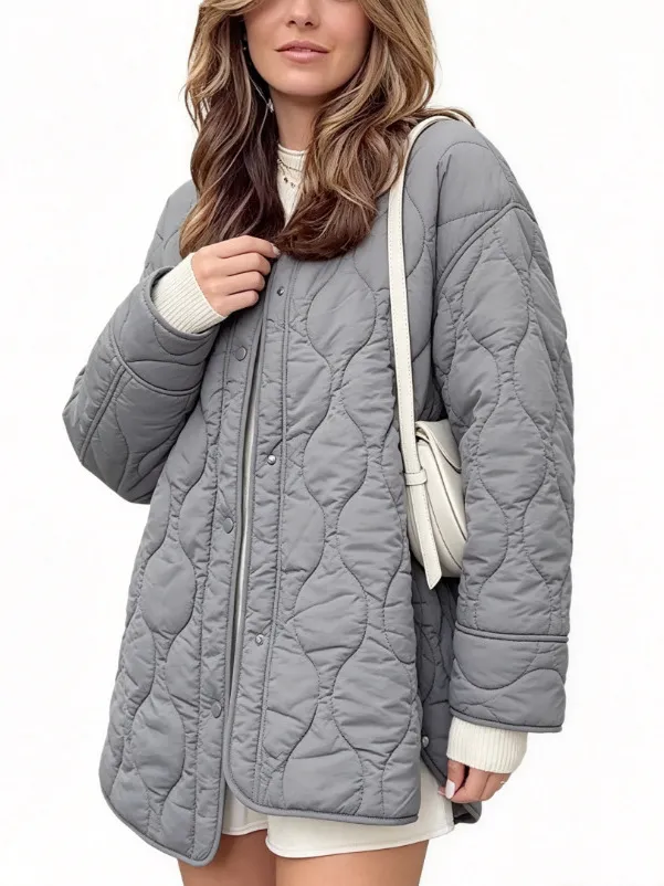 Women's Casual Loose Crew Neck Mid Length Solid Color Quilted Cotton Coat Long Sleeve Puffer Jacket Winter Outerwear