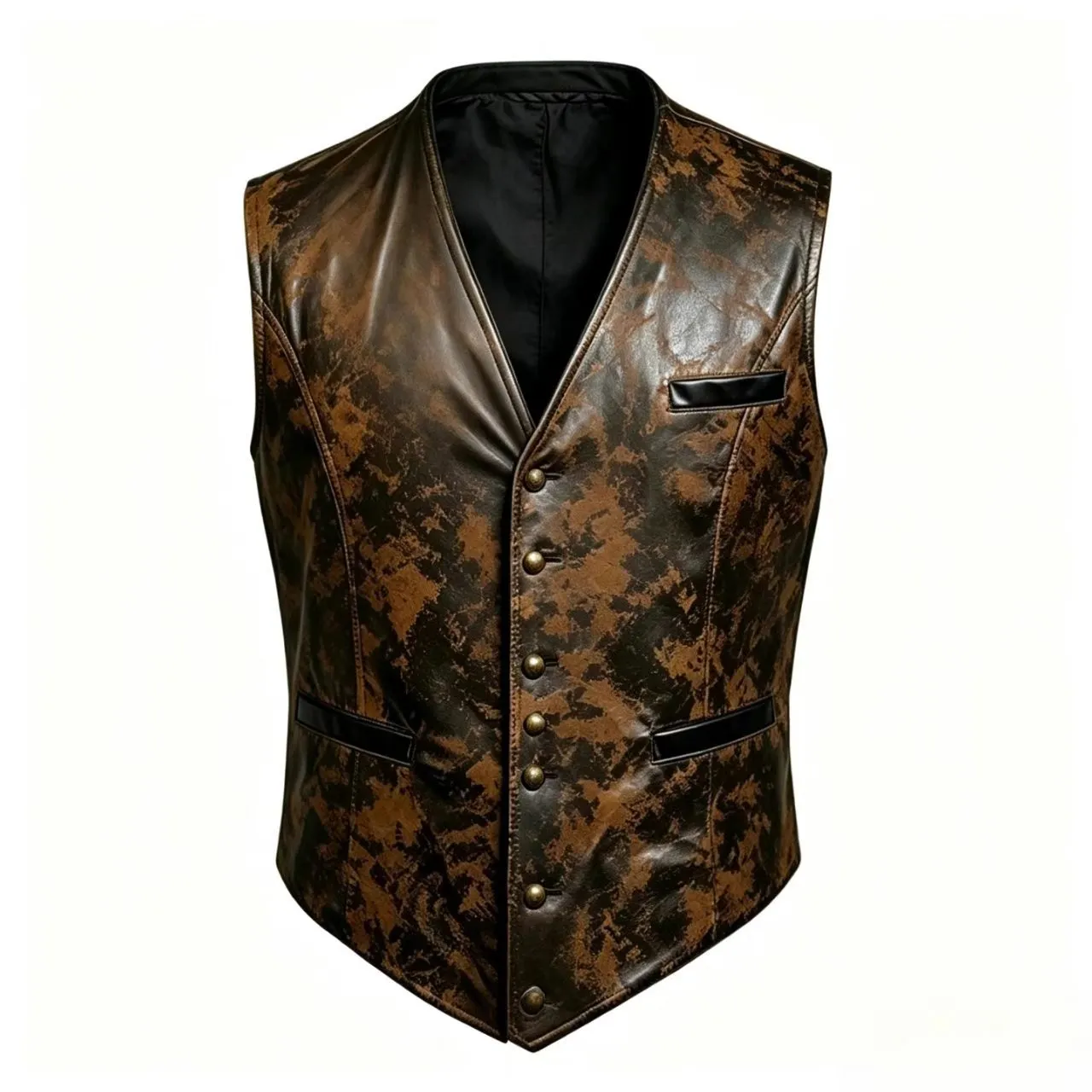 Men Vintage Slim Fit V-Neck Single-Breasted Vest Retro Distressed PU Leather Waistcoat Casual Business Outwear