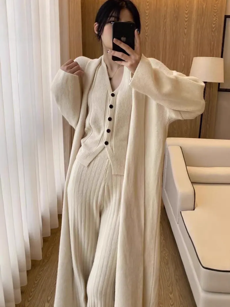 Dames Gebreid Vest Gilet En Broek Outfits Zacht Losjes Koreaanse Lazy Stijl Effen Kleur Trui Set Voor Herfst Winter Casual Kleding