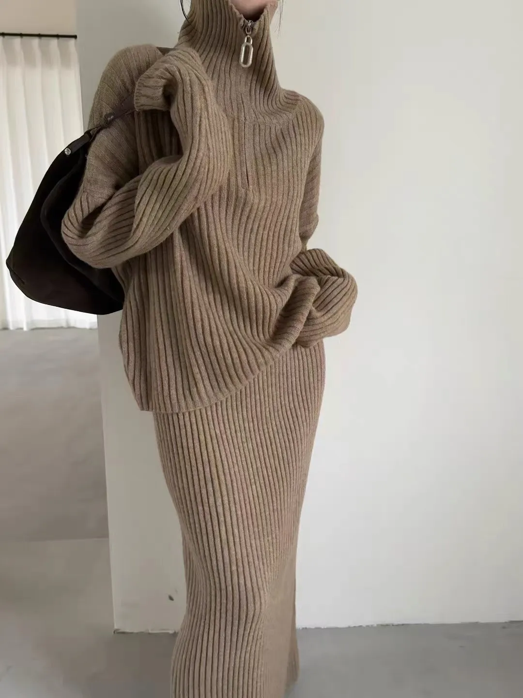 Women Slouchy Half Zipper Lapel Sweater Top And Knitted Midi Skirt Ribbed Acrylic Fabric Loose Autumn Winter Apparel