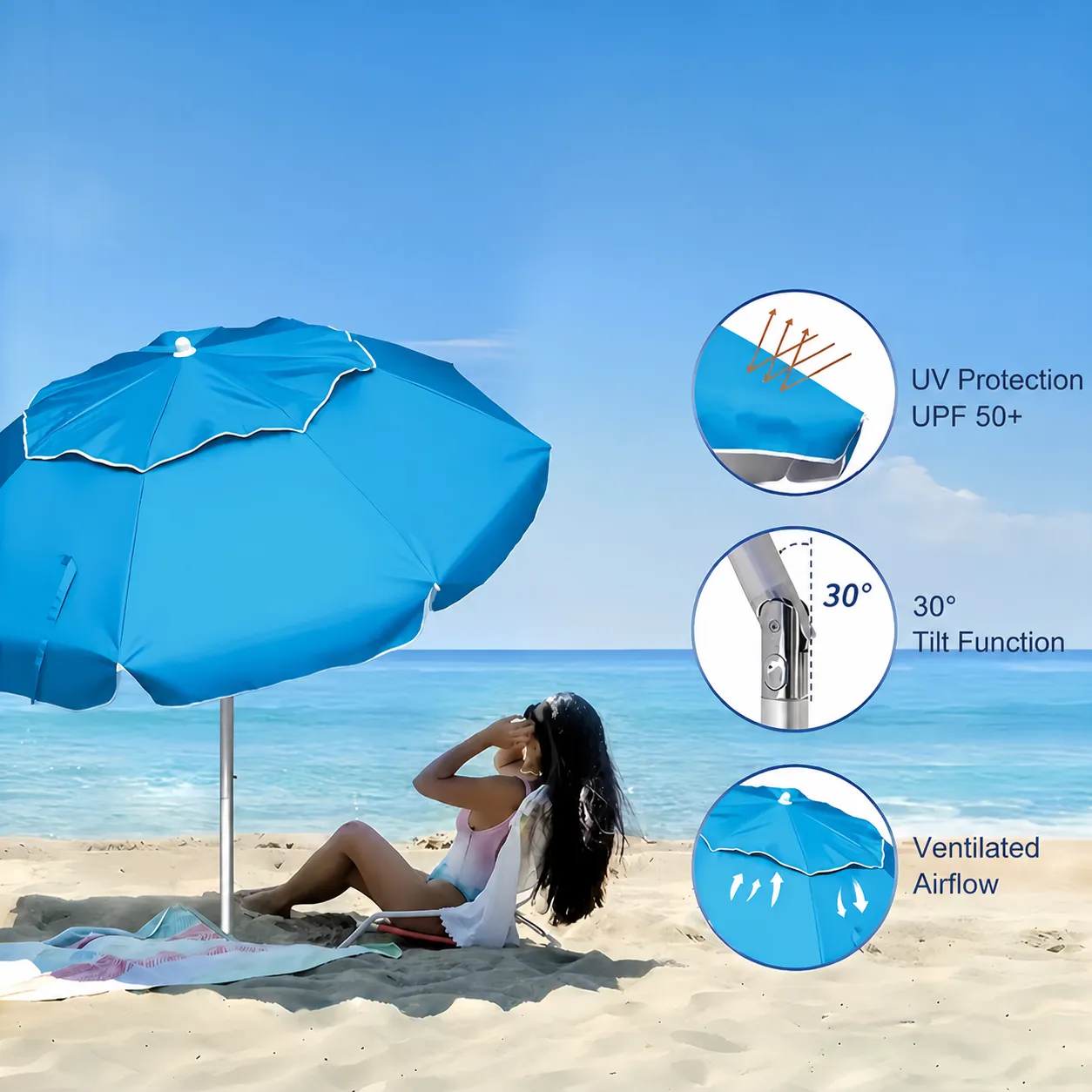 Portable Foldable Beach Umbrella Aluminum Alloy Windproof Outdoor Sunshade Waterproof Polyester Umbrella