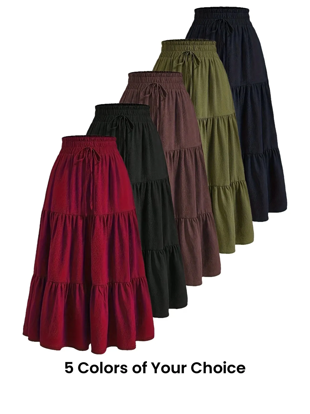 Women Retro Elegant High Waist Tiered Maxi Skirt Drawstring Ruffle A-Line Solid Color Long Skirt For Casual Vacation