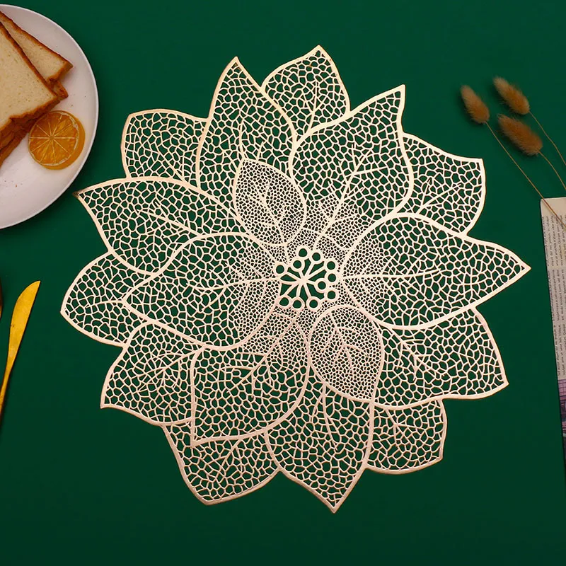 PVC Table Placemat Gold Silver Ginkgo Leaf Hollow Heat Resistant Dining Table Mat Western Restaurant Decor