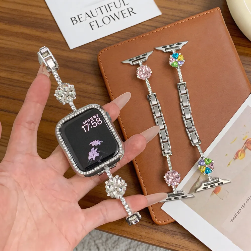 Bracelet de Montre en Métal Strass Bracelet Trèfle Cristal Compatible Avec Montre Connectée Bijoux Femmes