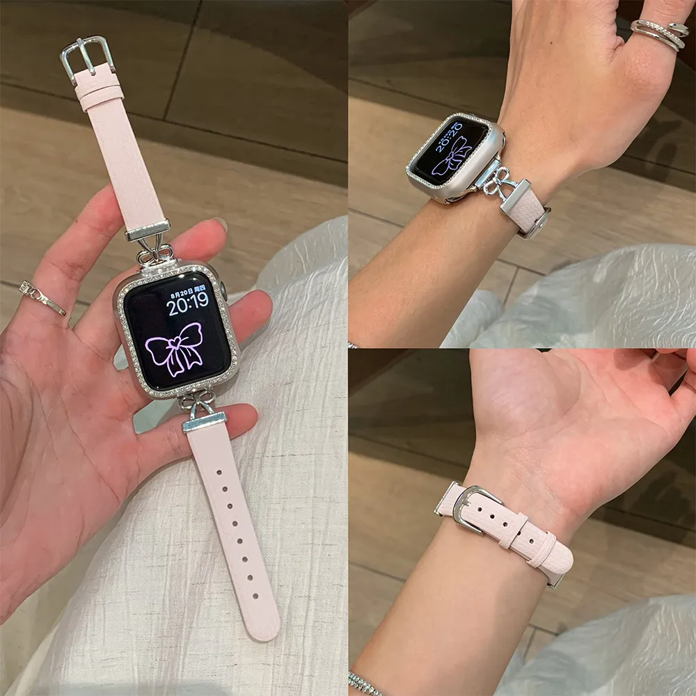 Cute Bow Rhinestone Leather Watch Band For Smartwatch Women Fashion Replacement Strap Metal Connector