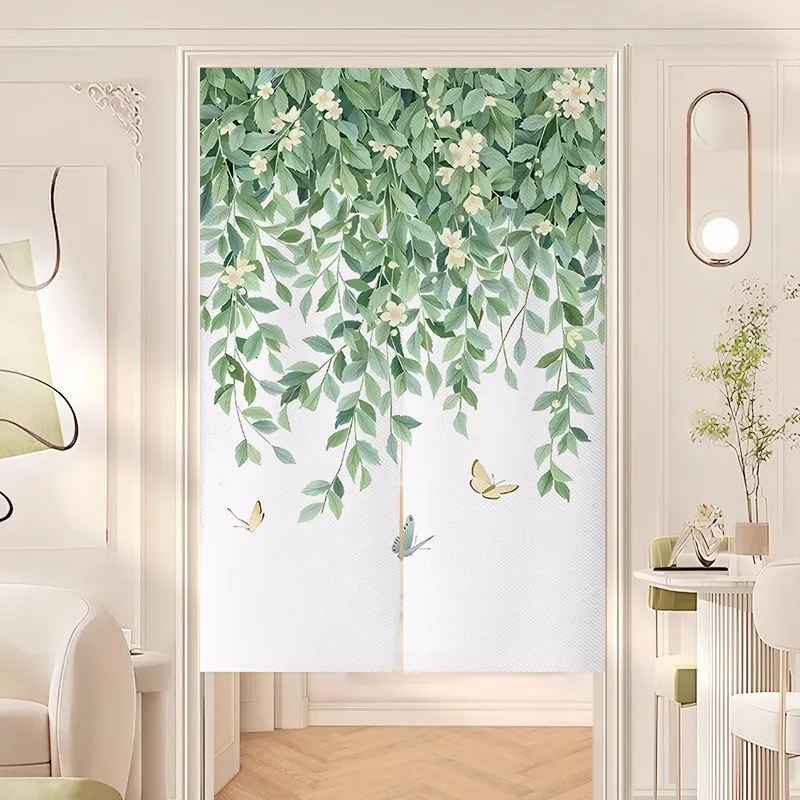 Nordic Style Green Plant Floral Door Curtain Bedroom Living Room Partition Curtain Punch Free Home Decor Fabric Hanging Curtain