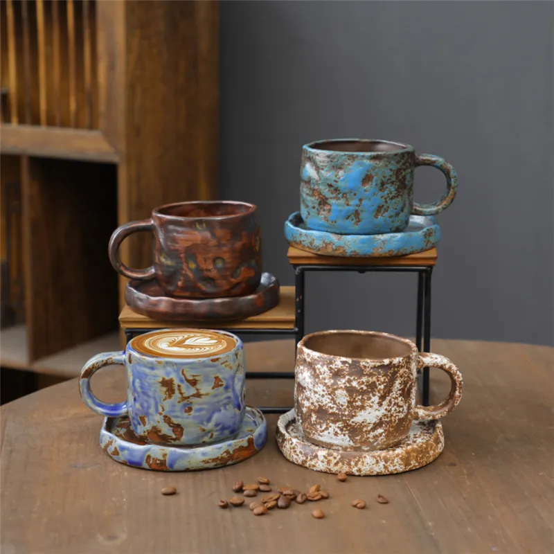 Ensemble Tasse à Café et Soucoupe en Céramique Rétro Style Japonais Tasse à Thé Émaillée Faite à la Main avec Soucoupe Cuisine