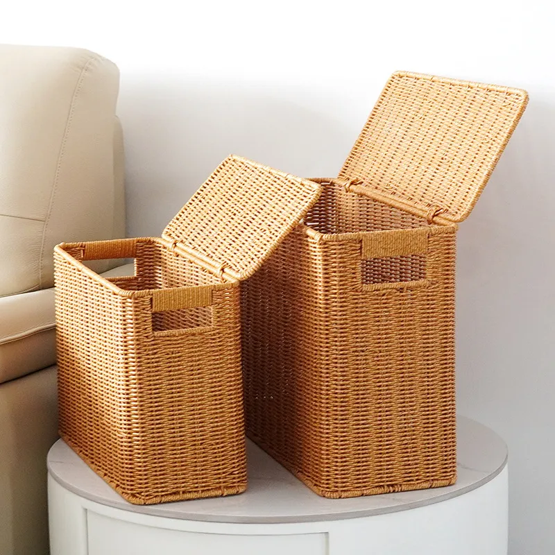 Boîte de Rangement En Plastique Étroite Et Haute Avec Couvercle Style Rotin Panier Mince Pour Espace Coin Salon