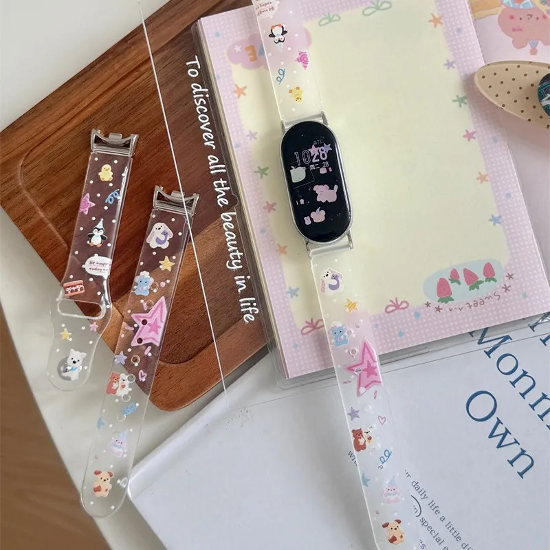 Bracelet de Montre Connectée en Silicone Transparent Mignon Dessin Animé Animal Imprimé Sangle de Remplacement Pour Huawei Montre Xiaomi