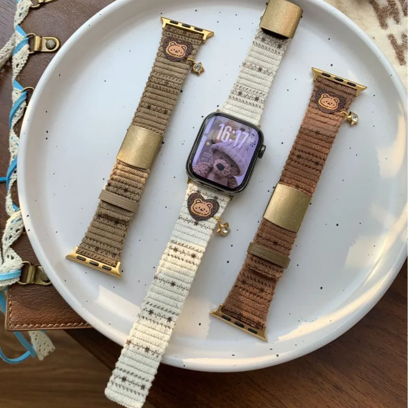 Corduroy Apple Watch Strap For S10 S11 Series Cute Bear And Star Pattern Replacement Band With Metal Buckle
