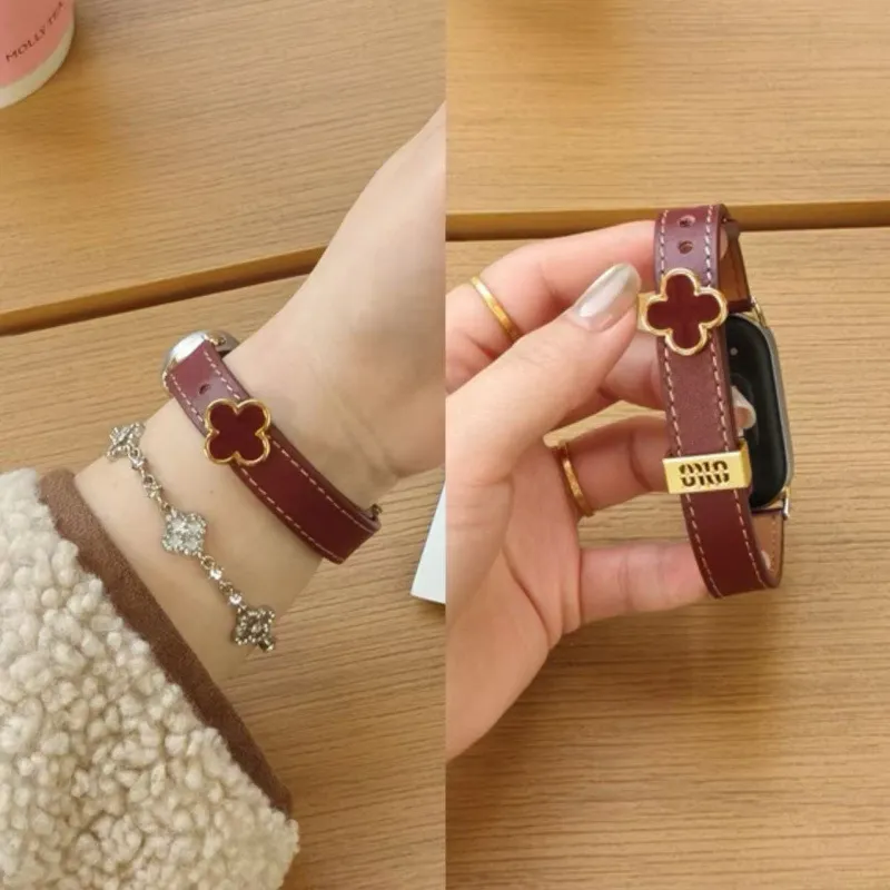 Genuine Leather Smartwatch Replacement Strap With Clover Metal Decor Compatible With Smart Watch Fashion Wrist Band
