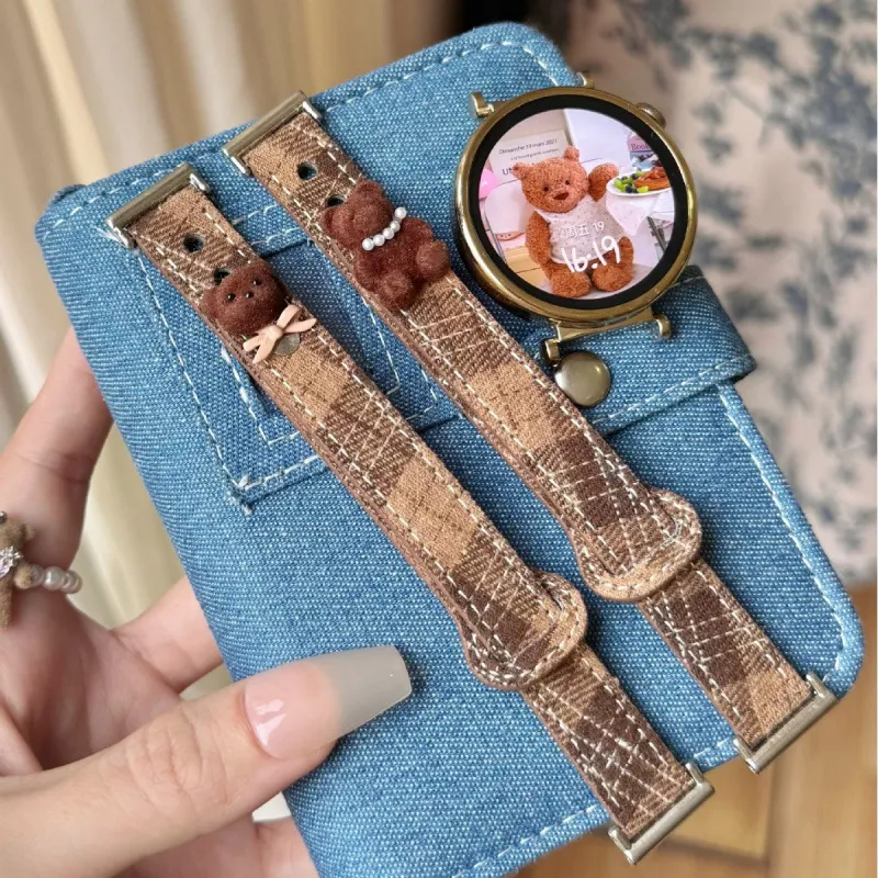 Smartwatch Band Replacement Compatible With Apple Watch Huawei Watch Plaid Fabric Strap Cute Bear Charm