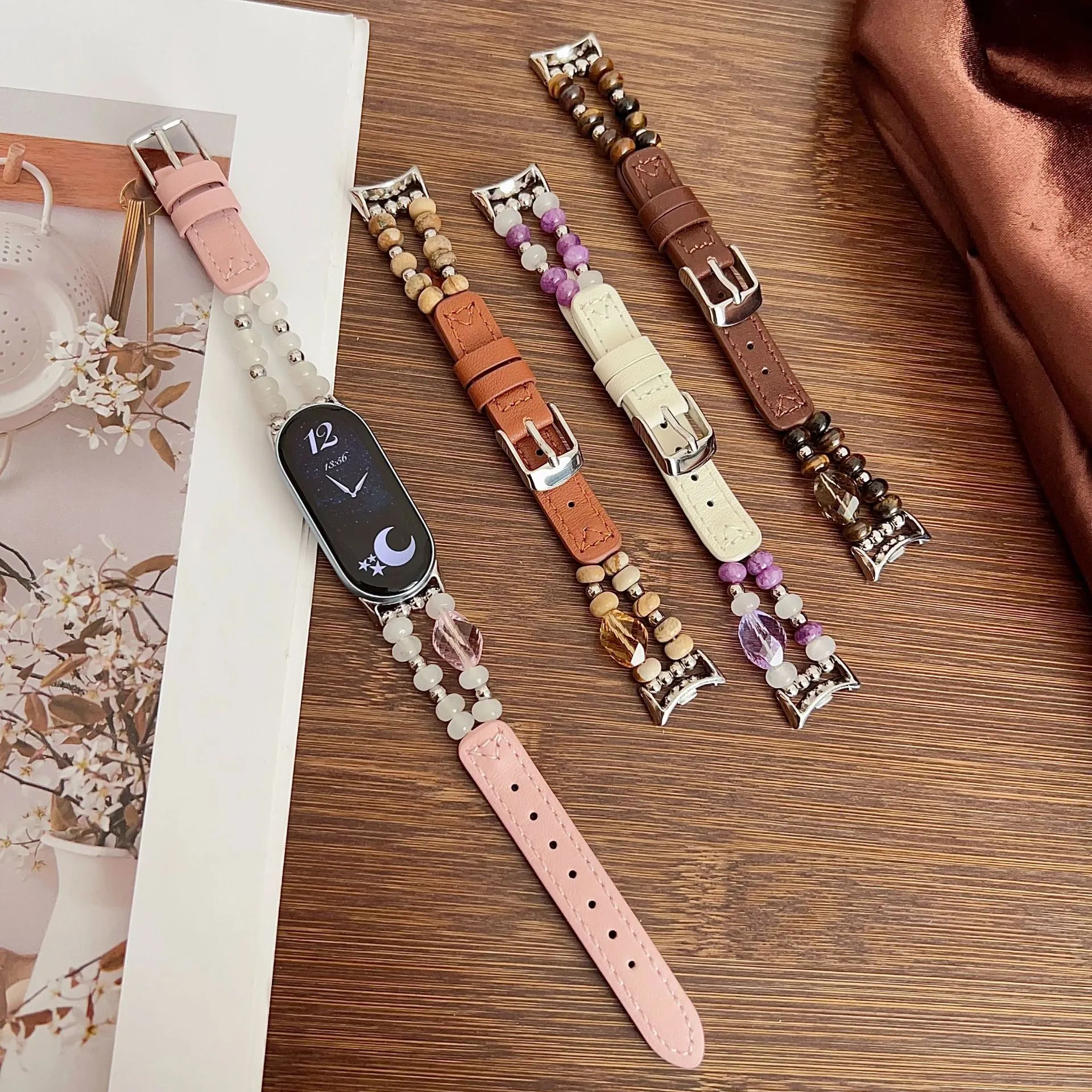 Cinturino per Orologio di Ricambio in Vera Pelle con Perline di Cristallo Accessori per Braccialetto alla Moda Per Smartwatch