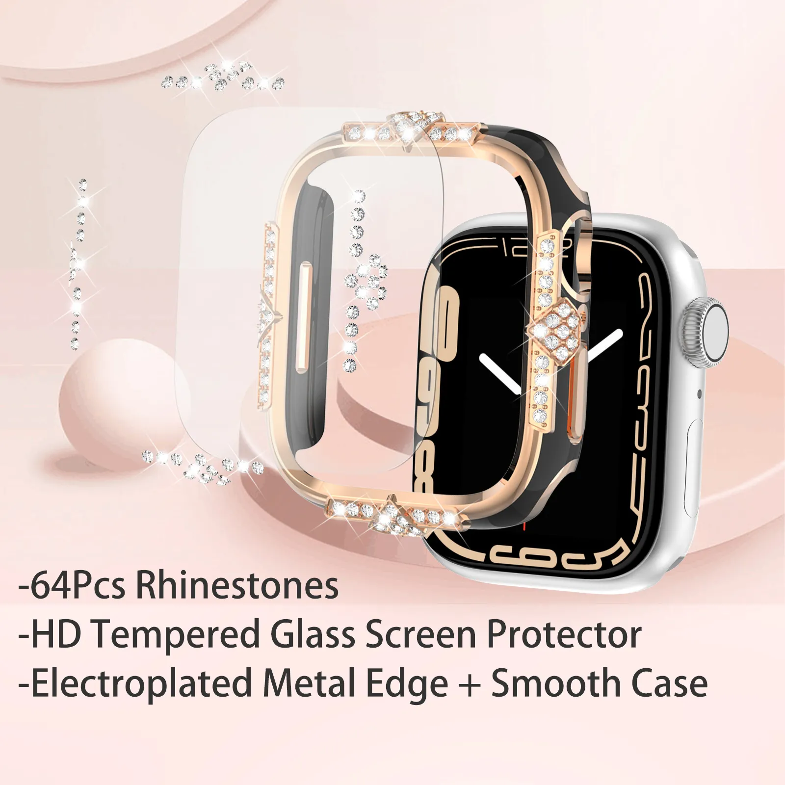 Galvanisiertes Metall Strass Smartwatch Schutzhülle Mit Gehärtetem Glas Bildschirmschutz