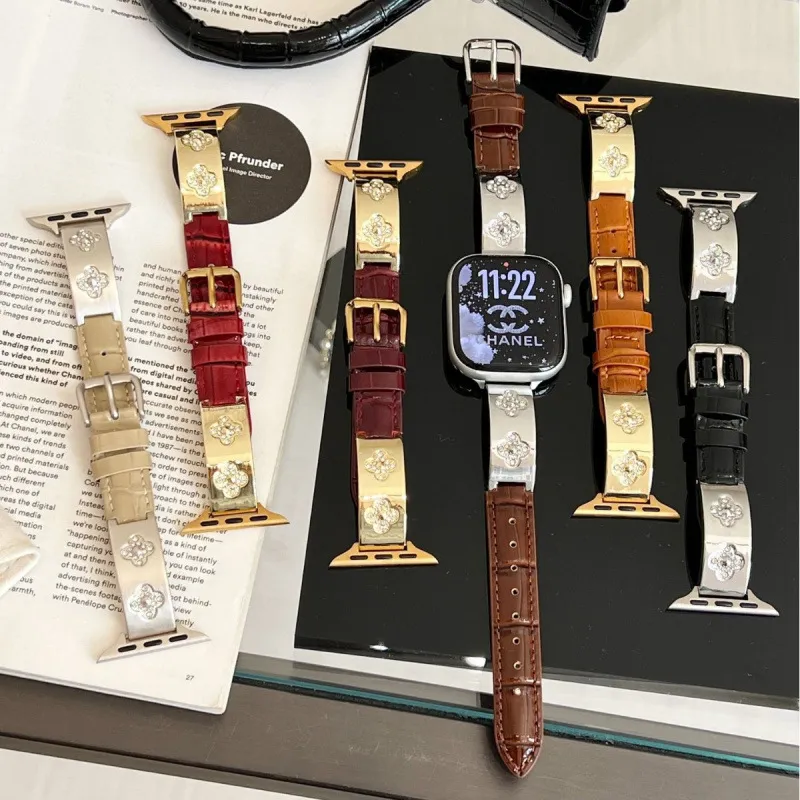 Echtes Leder Smartwatch Armband Mit Kleeblatt Metall Dekor Kompatibel Mit Apple Watch Ersatzarmband Modisches Schmuckaccessoire