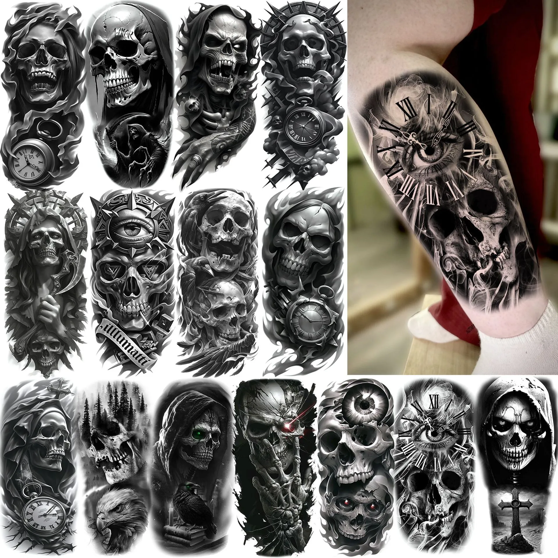 Halloween Dark Skull Temporary Tattoo Sticker Waterproof Gothic Grim Reaper Death Arm Leg Tattoo Stickers Body Art