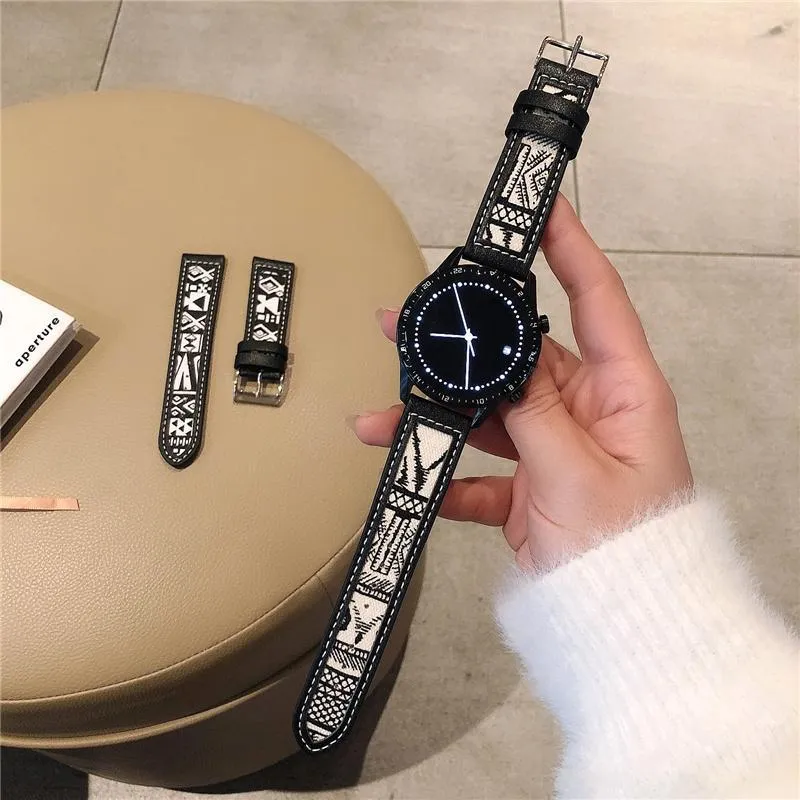 Genuine Leather And Canvas Smartwatch Replacement Band Strap Traditional Style Wristband Accessories
