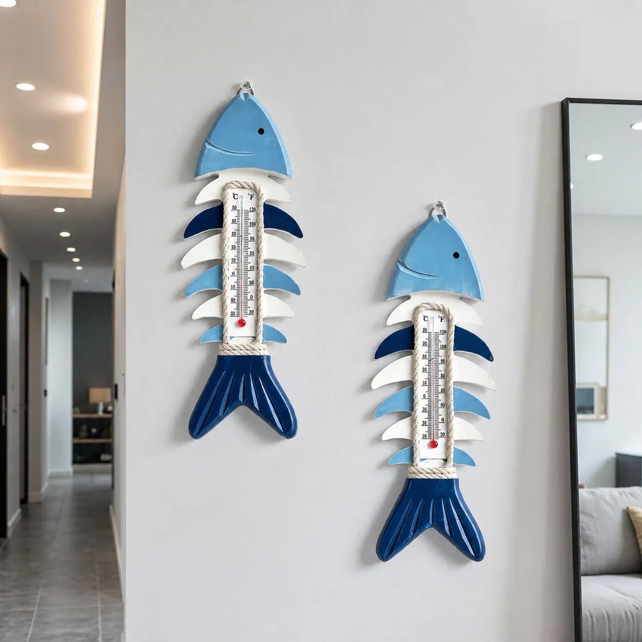 Appeso a Muro con Termometro a Spina di Pesce in Legno Stile Mediterraneo Blu e Bianco Decorazione Marina per Ingresso Soggiorno