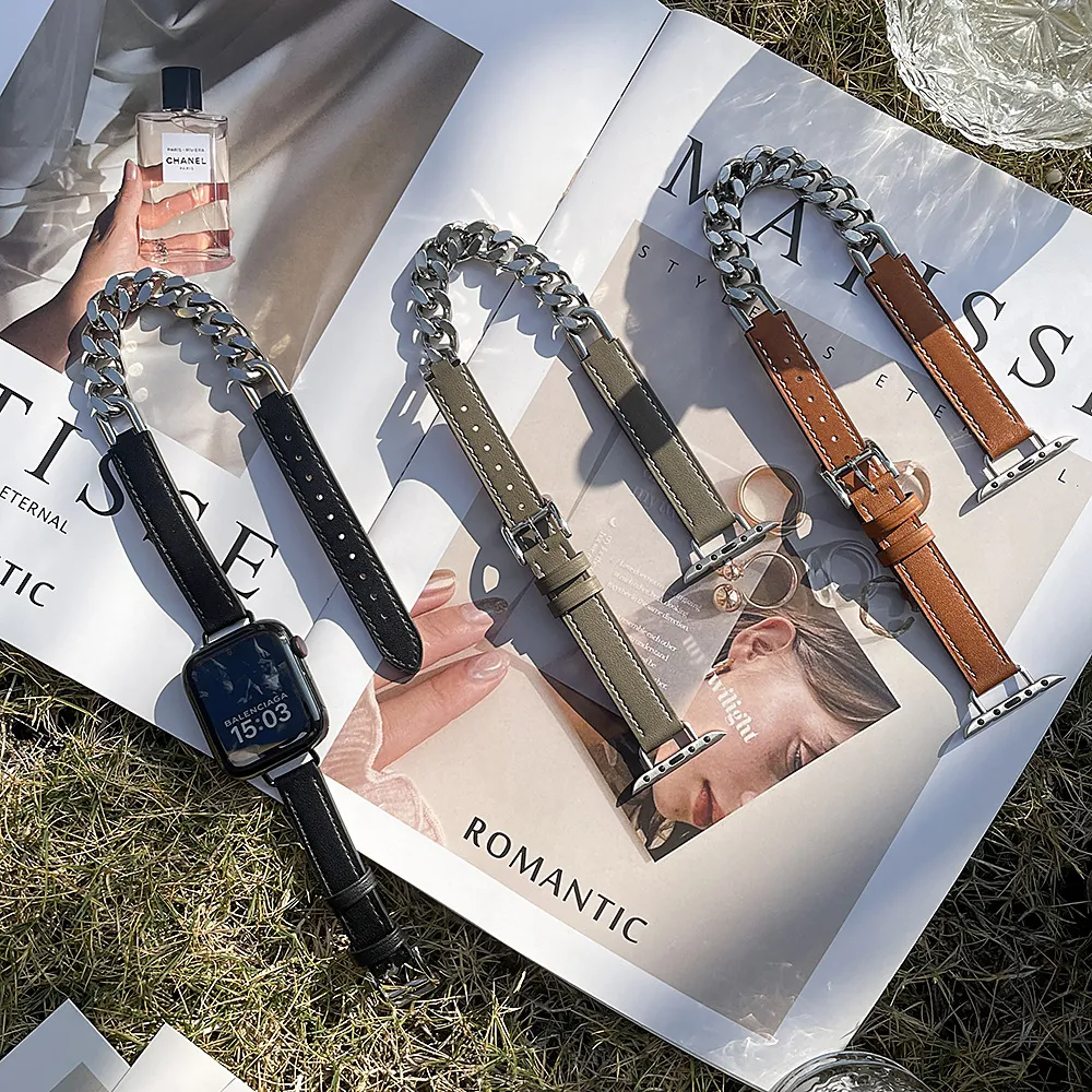 Echtes Leder Und Edelstahl Kette Doppelte Schlaufe Uhrenarmband Für Apple Watch Damen Ersatzarmband