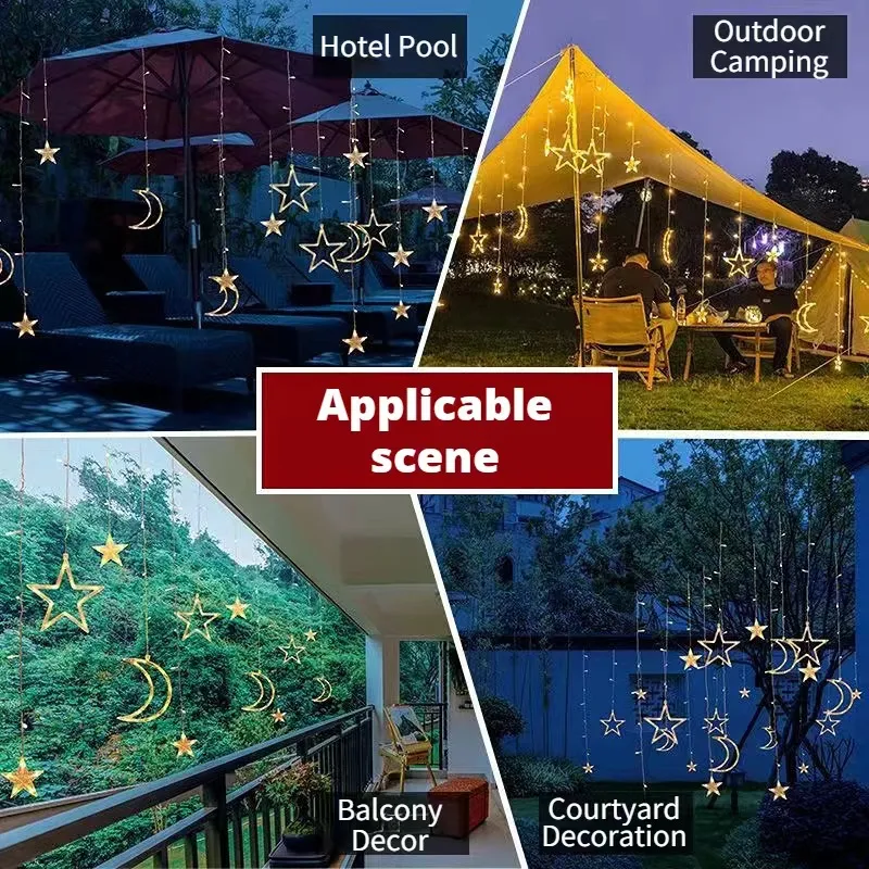 Solar LED String Lights Star Moon Curtain Fairy Lights Waterproof Remote Control Warm White Colorful Decorative Lighting