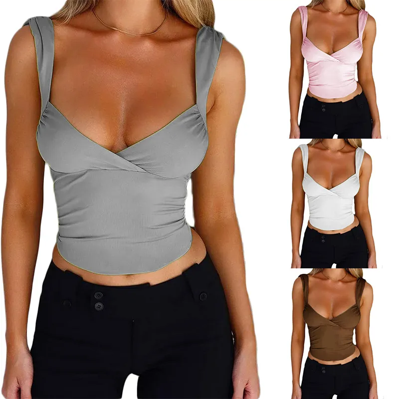 Damen Sexy Einfarbig Schmale Passform V-Ausschnitt Gerafft Crop Top Ärmellos Rückenfrei Schnürung Pullover Tank Top Für Sommer Party Casual Top