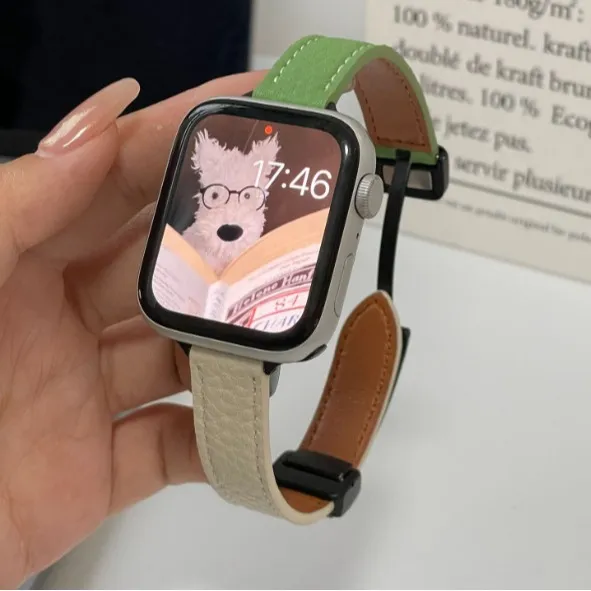 Colorblock Leather Magnetic Watch Band For Apple Watch Compatible Replacement Strap Fashion Wrist Accessories