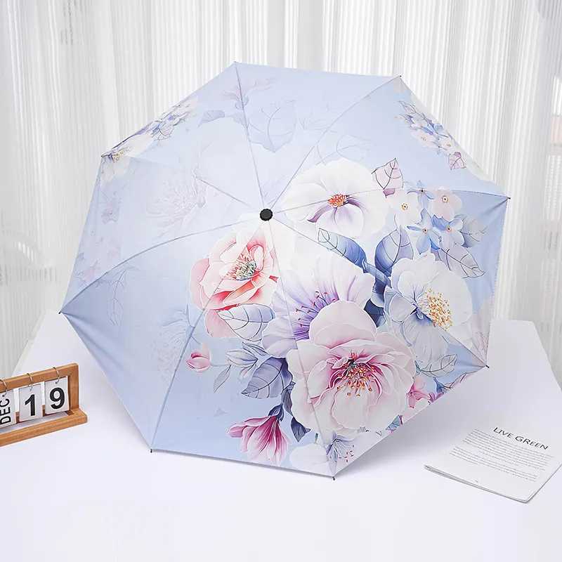 UV Protection Folding Sun Umbrella Double Layer Black Glue Floral Print Windproof Rain and Sun Umbrella For Women