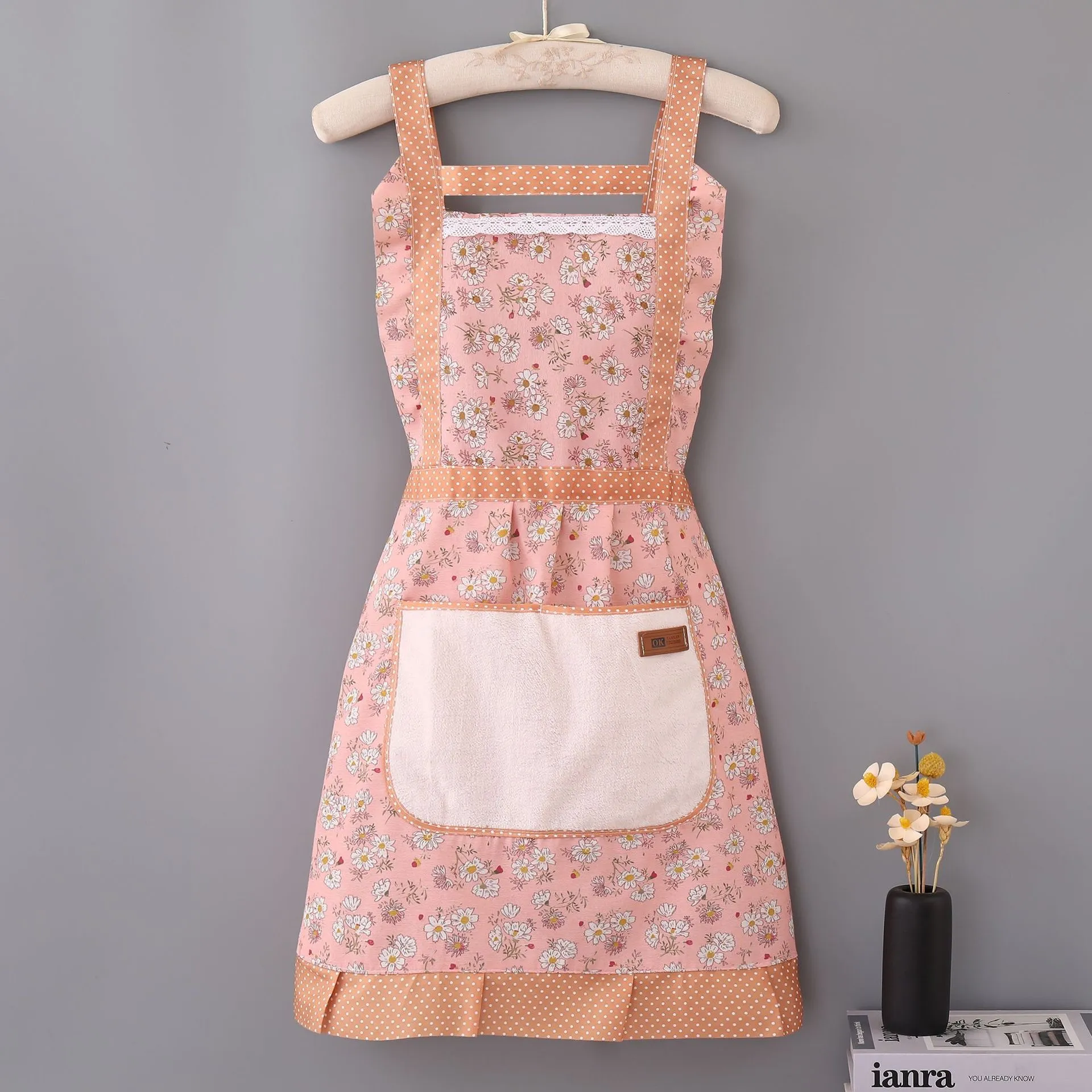 Womens Waterproof Kitchen Apron Cute Floral Cooking Apron With Wipeable Pocket Adjustable Bib Aprons For Home Baking