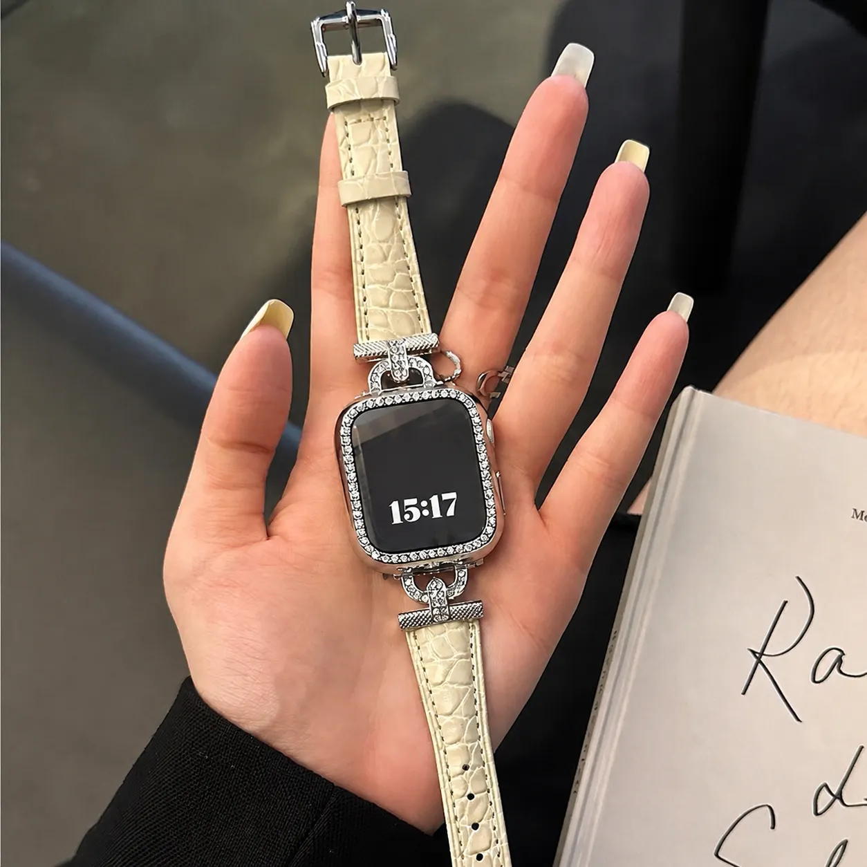 Luxury Crocodile Pattern Leather Watch Strap Rhinestone Metal Case Compatible With Apple Watch Fashion Bracelet Wristband