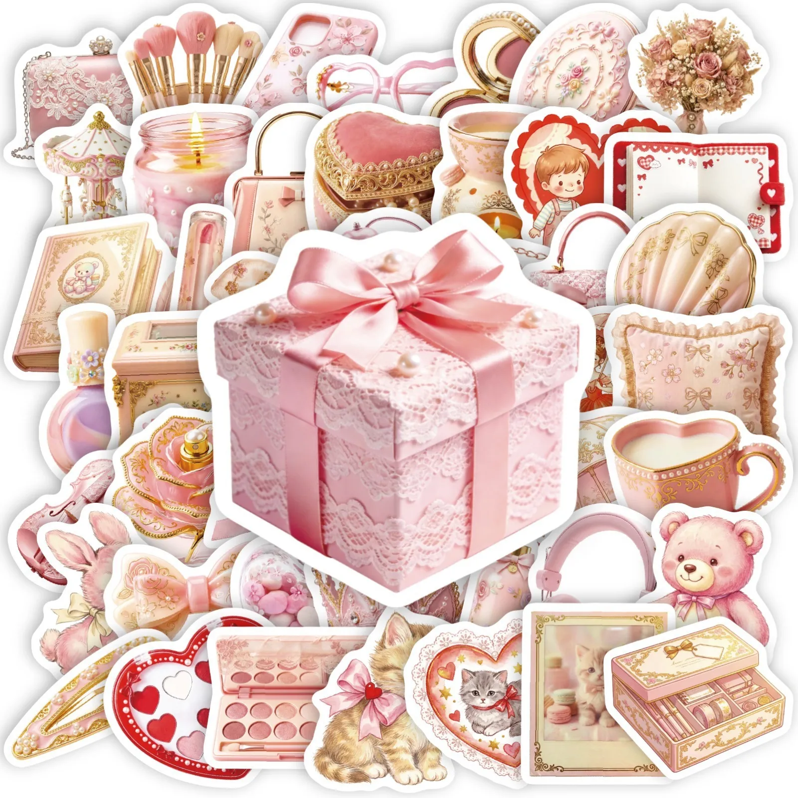 Vintage Roze Meisjesachtig Esthetisch Waterdicht Stickers Set Kawaii Deco Stickers Voor Dagelijks Waterfles Notitieboek