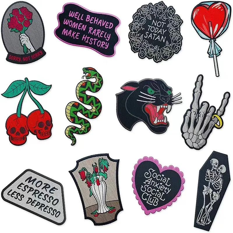Punk Embroidered Patches For Clothing Punk Skull Black Panther Iron On Patch DIY Woven Labels Decoration Appliques Jacket Bag Badge
