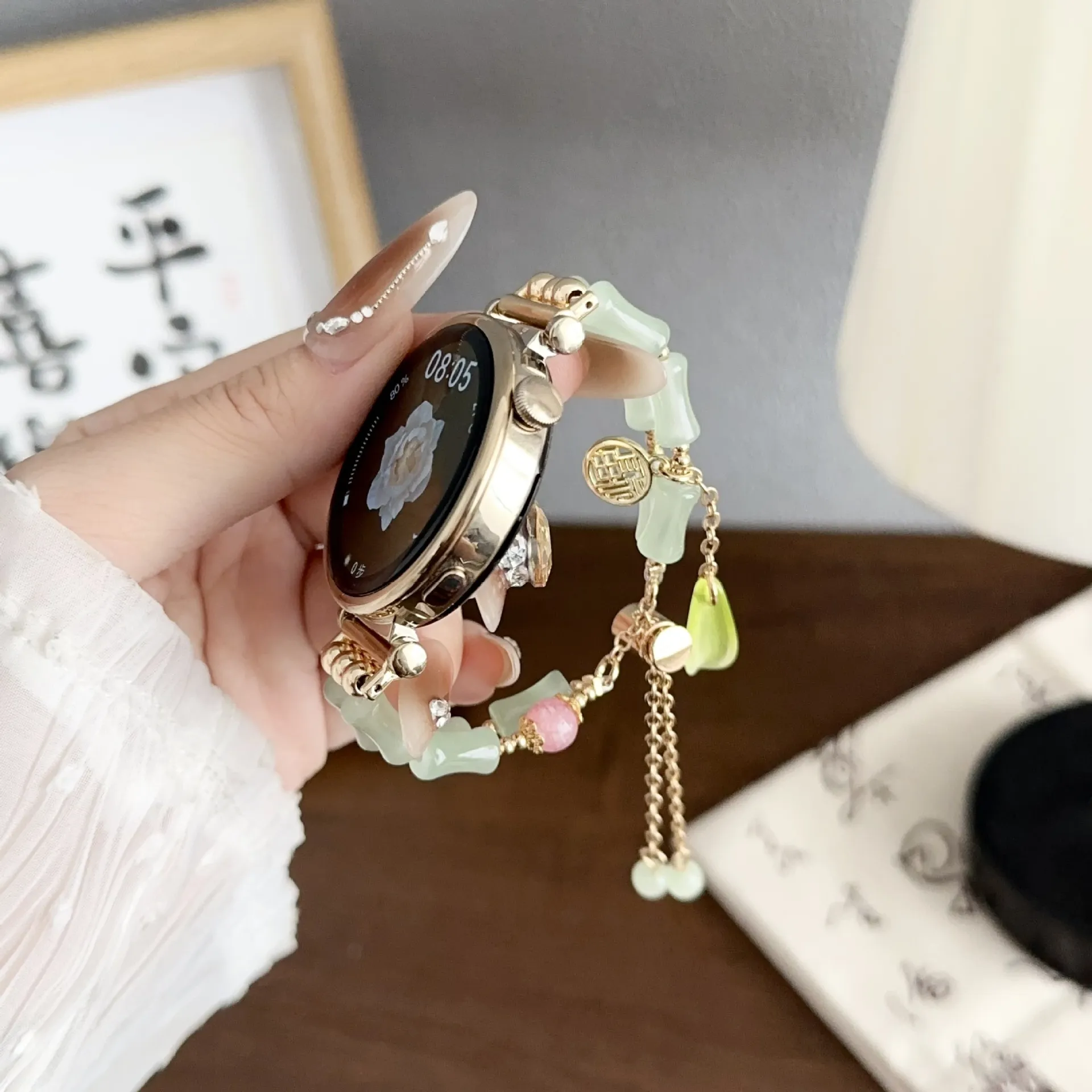 Chinese Stijl Kralen Horlogeband Acryl Kralen Metalen Ketting Vervanging Polsband Universele Smartwatch Band Accessoire