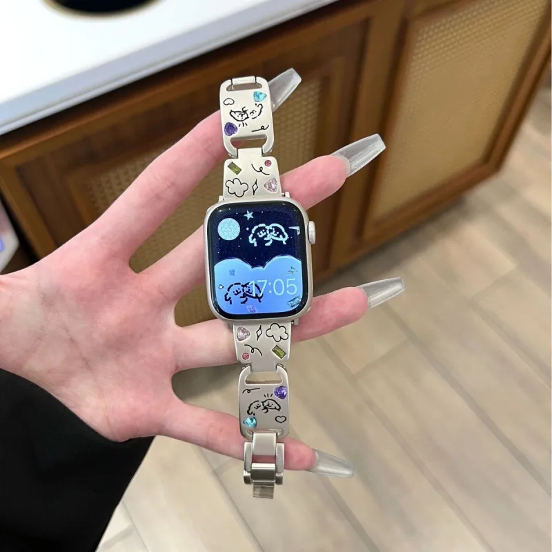 Metal Apple Watch Band Cute Puppy Bow Rhinestone Crystal Glitter Replacement Strap Compatible With Smartwatch
