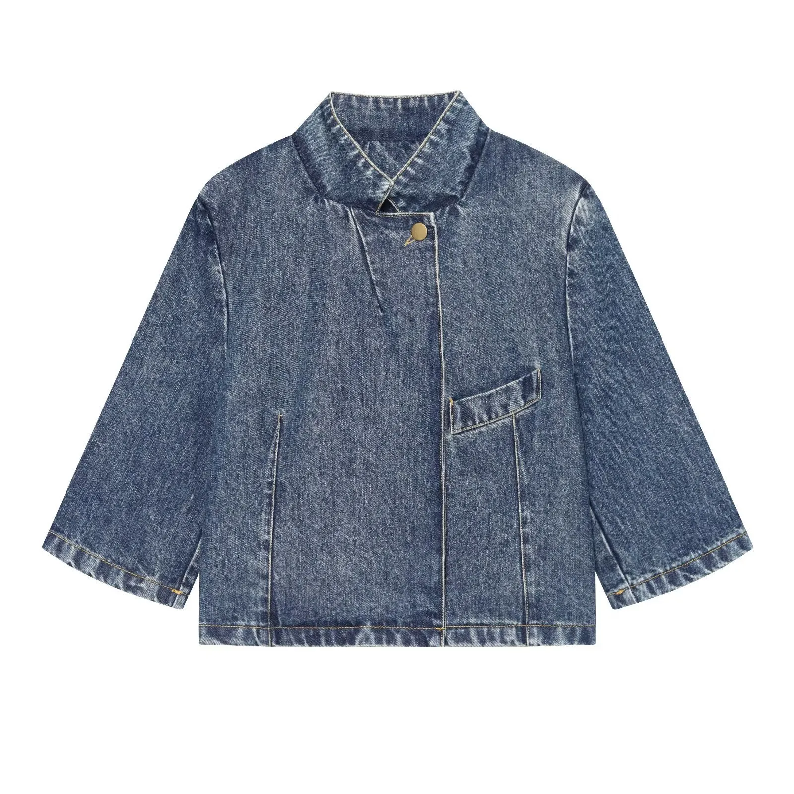 Dames Casual Losse Standaard Kraag Denim Blazer Jas Lange Mouw Enkele Rij Knoppen Korte Bovenkleding Streetwear Mode