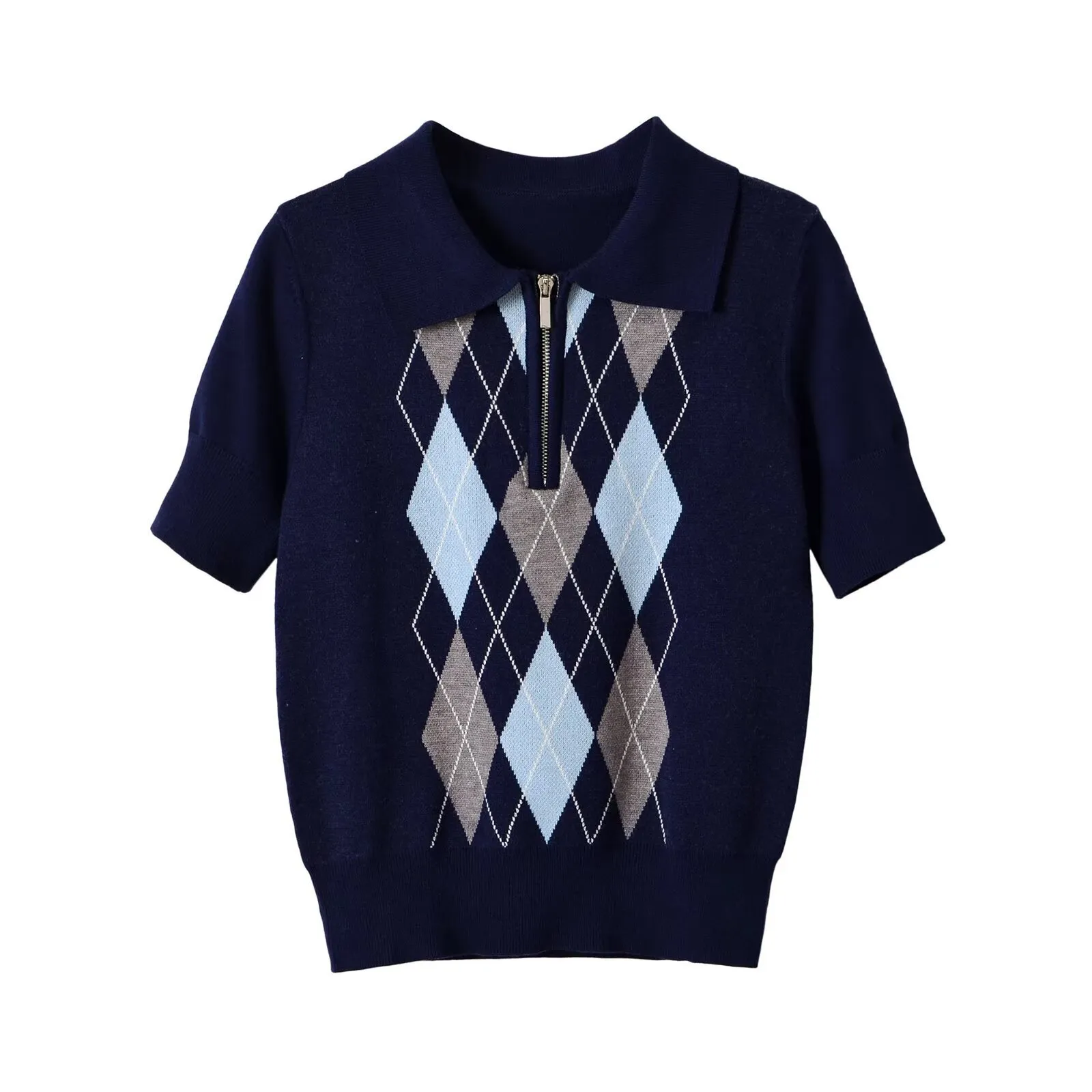 Suéter Casual de Algodón Tejido con Cuello en V y Manga Corta para Mujer Patrón Argyle Cremallera Metálica Top de Moda
