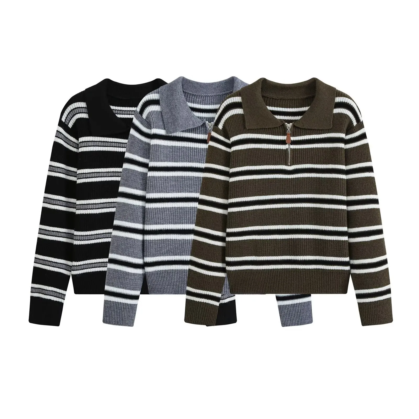 Maglione in Maglia a Righe con Collo Polo e Manica Lunga da Donna Slim Fit