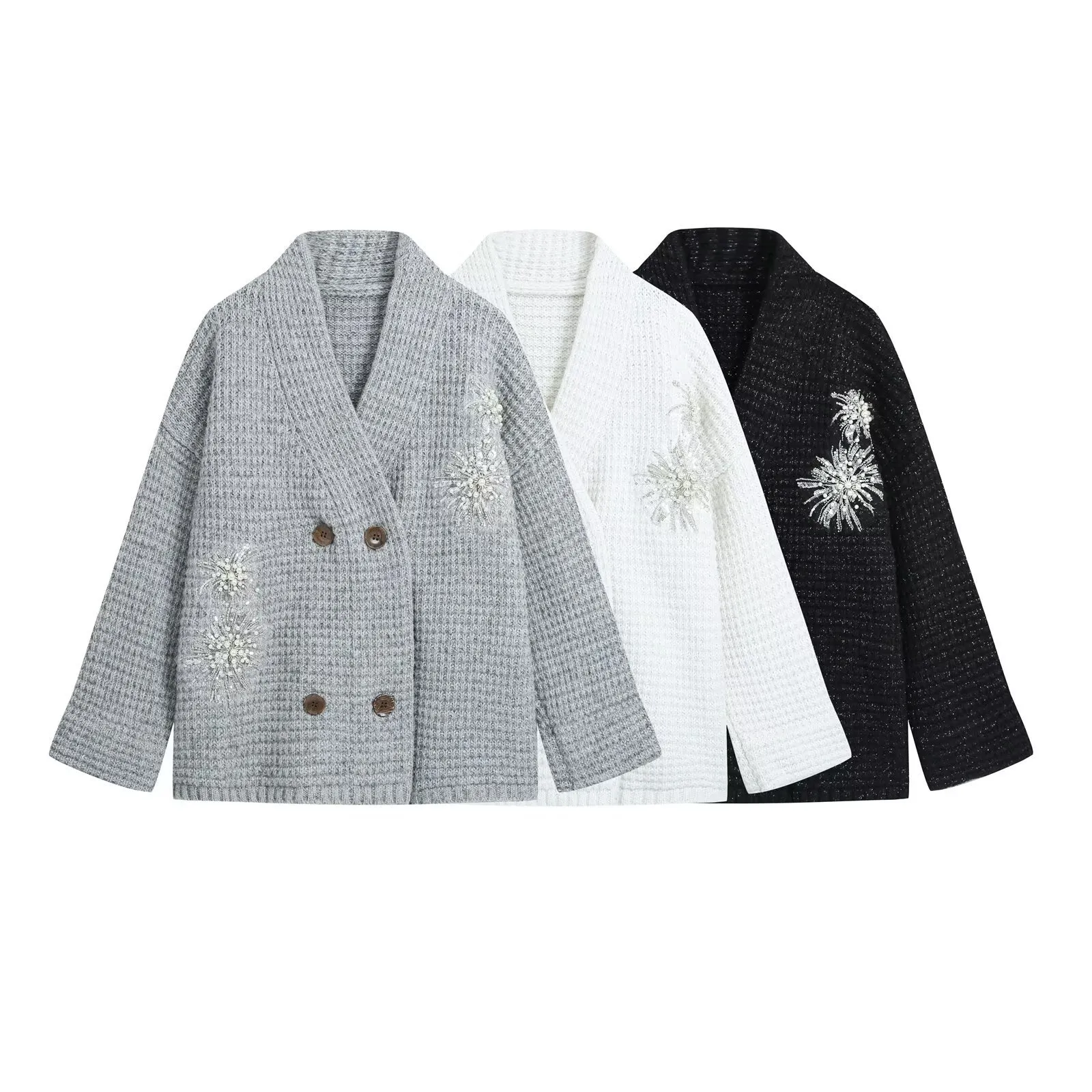 Women's Casual V-Neck Double Breasted Cardigan Heavy Beaded Embroidery Knit Sweater Long Sleeve Loose Knitted Cotton Top