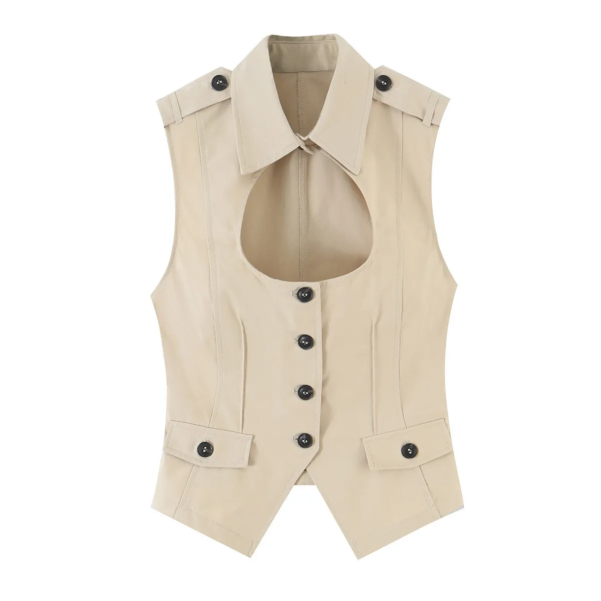 Damen Casual Slim Fit Polyester Weste Ärmellos Ausschnitt Revers Einreihig Einfarbig Mode Top