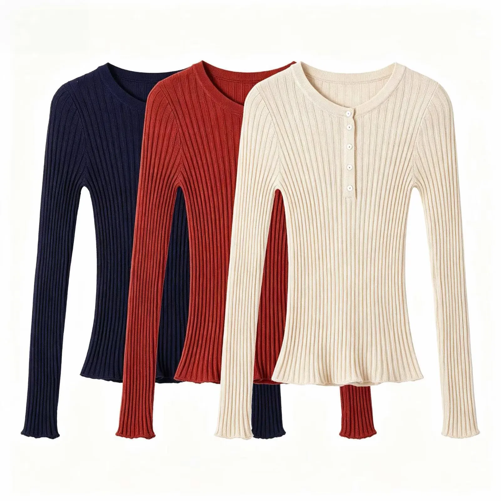 Women's Casual Cotton Blend Knit Pullover Sweater Long Sleeve Crew Neck Slim Fit Button Decor Solid Color Top