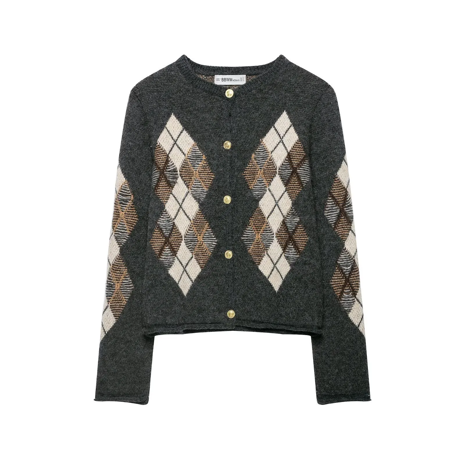 Damen Casual Argyle Strickjacke Langarm Rundhals Strickpullover Vintage Rautenmuster Patchwork Streetwear Top