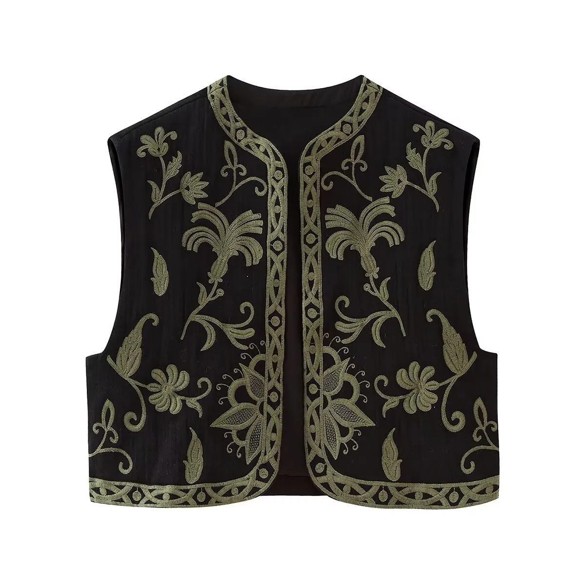 Chaleco Corto Casual para Mujer Cuello Redondo Sin Mangas Bordado Floral Poliéster Streetwear Top