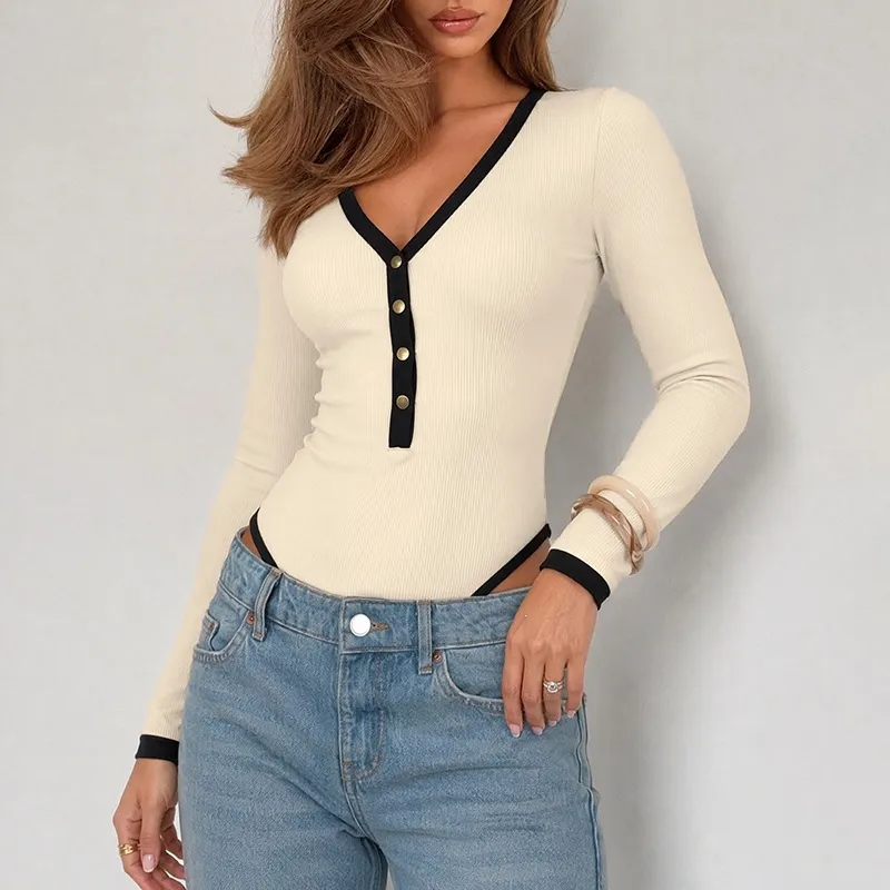 Bodysuit da Donna Casual con Scollo a V Manica Lunga in Poliestere Bordo a Contrasto Taglio Slim Maglia a Costine Base Pezzo Unico Top
