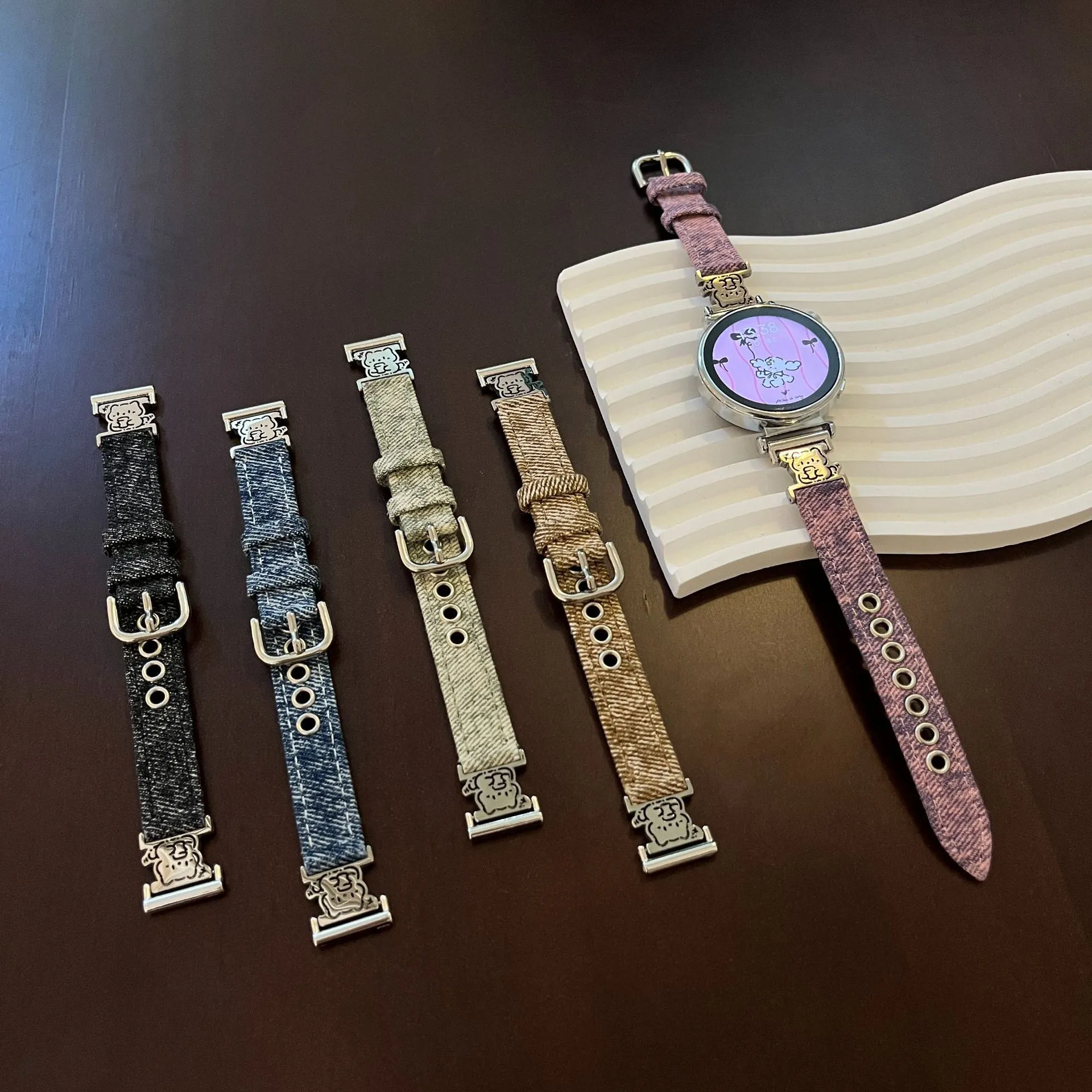 Universal Smartwatch Band Denim And Leather Replacement Strap Cute Animal Charm Casual Watch Accessories