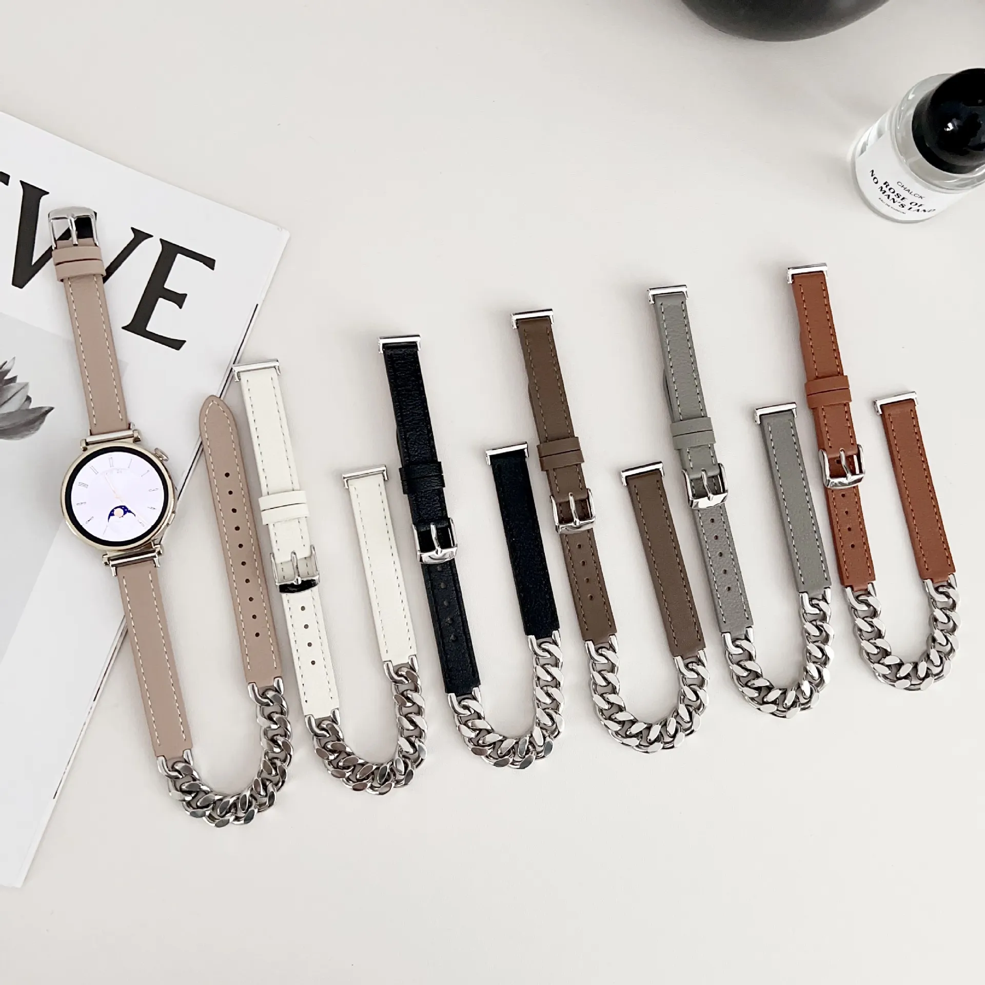 Cinturino di Ricambio per Orologio da Donna in Pelle a Doppio Giro e Catena in Acciaio Inossidabile Compatibile con Smartwatch Huawei